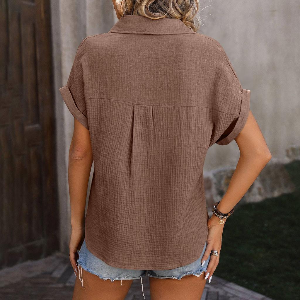 Dámské košile s knoflíky a krátkým rukávem, ležérní košile s límečkem, volné halenky, jednobarevné topy s kapsou