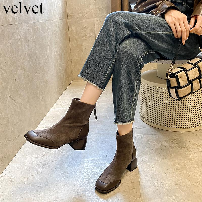 French Square Toe Slim Boots For Women Spring And Autumn New Patchwork Suede Retro Thick Heel Soft Soled Short Boots High Heels
