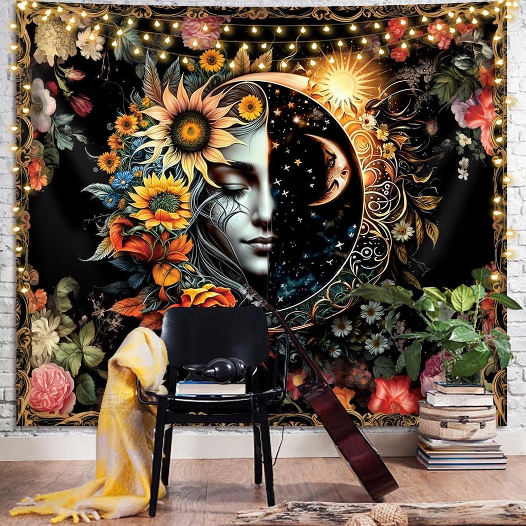 Sun and Moon Tapestry,Psychedelic Mystic Floral Tapestry Wall Hanging Modern Aesthetic Tapestry Hippie Boho Wall Art for Home Decor Bedroom Living