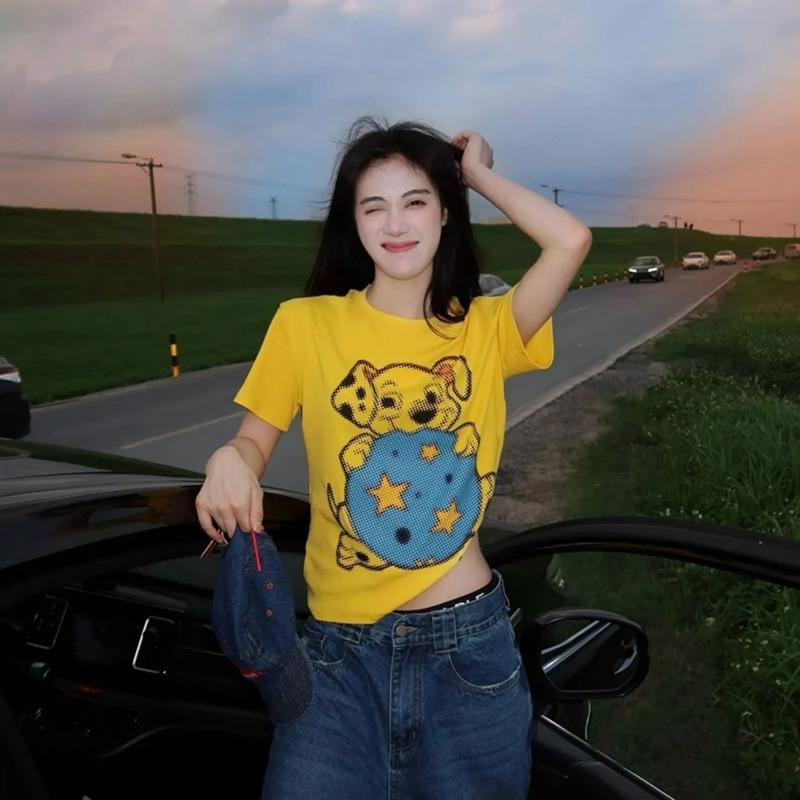 

Women s Cartoon Dalmatian Print Short Sleeve T-Shirt S жёлтый