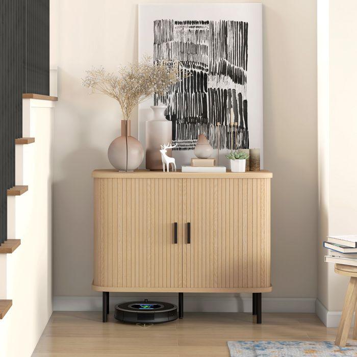 Buffet HOMCOM meuble de rangement avec portes coulissantes à lattes, armoire de cuisine avec pieds en acier, ton chêne