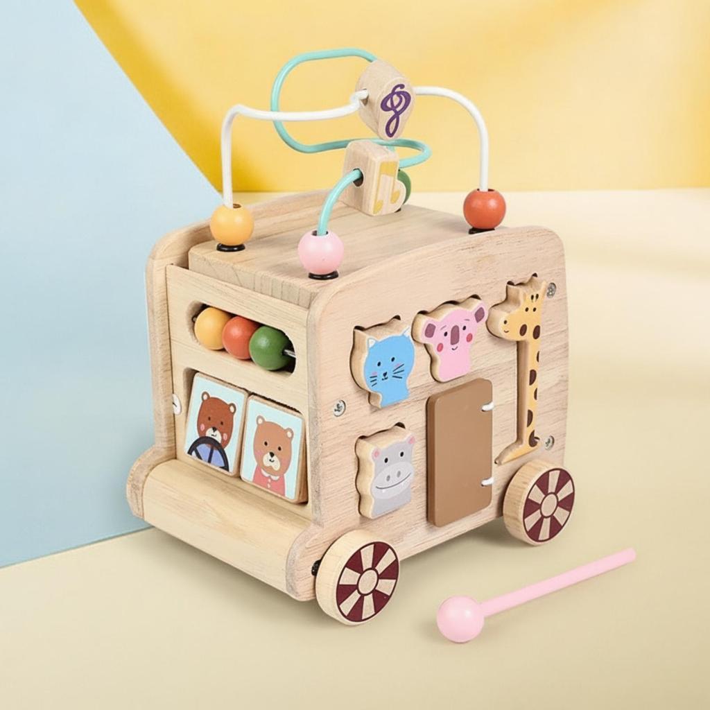 Multifunctional Wooden Bus Activity Toy Interactive Bus-Shaped