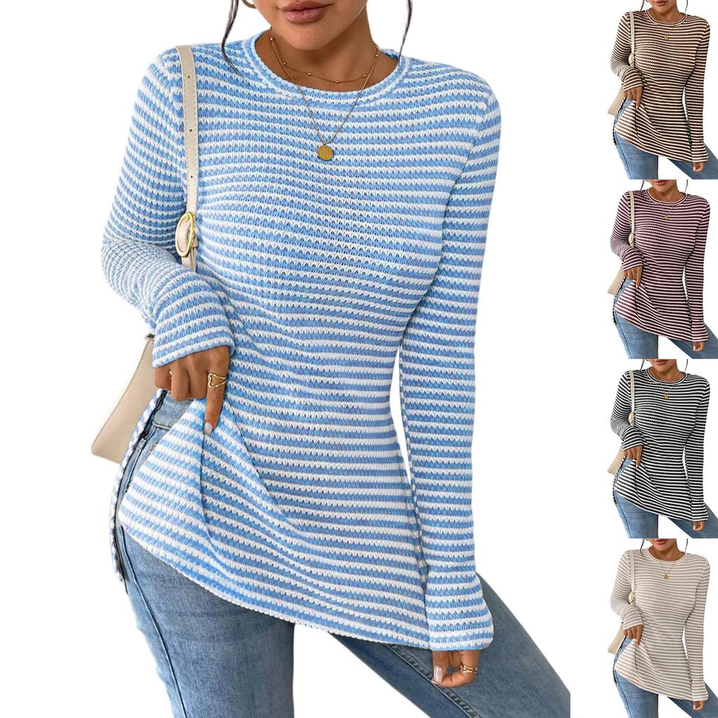 Women's Fashion Round Neck Slit Long Sleeve Color Top