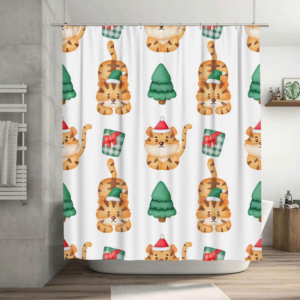 Santa Cat Christmas Shower Curtain Festive Tiger Print for Bathroom Decorations 3D Waterproof Fabric with Hooks in White Set