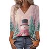 Women's Loose Comfortable Casual Fashion V-Neck Christmas Print 3/4 Sleeve Top
