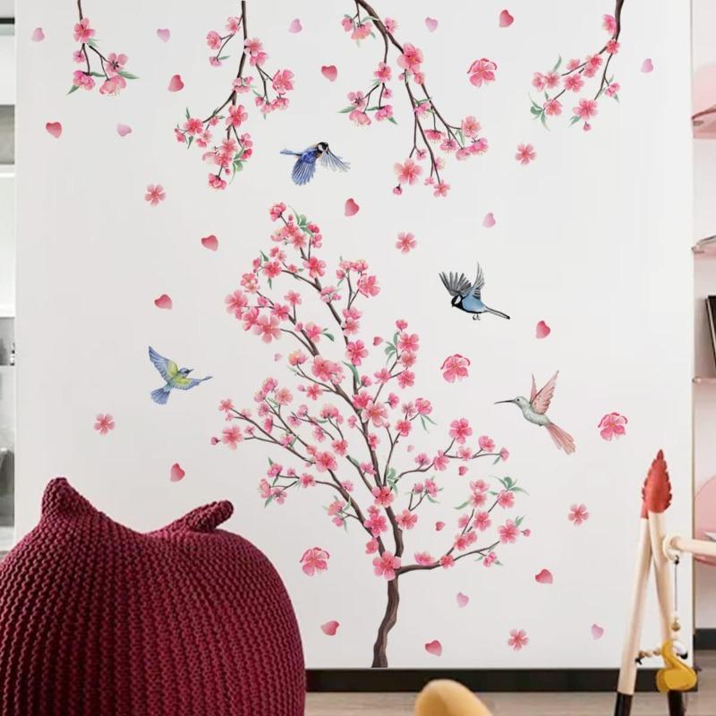 Large Cherry Blossom Wall Stickers Pink Flowers Tree Branch Birds Floral Blossom Wall Decals for Living Room Sofa TV Background