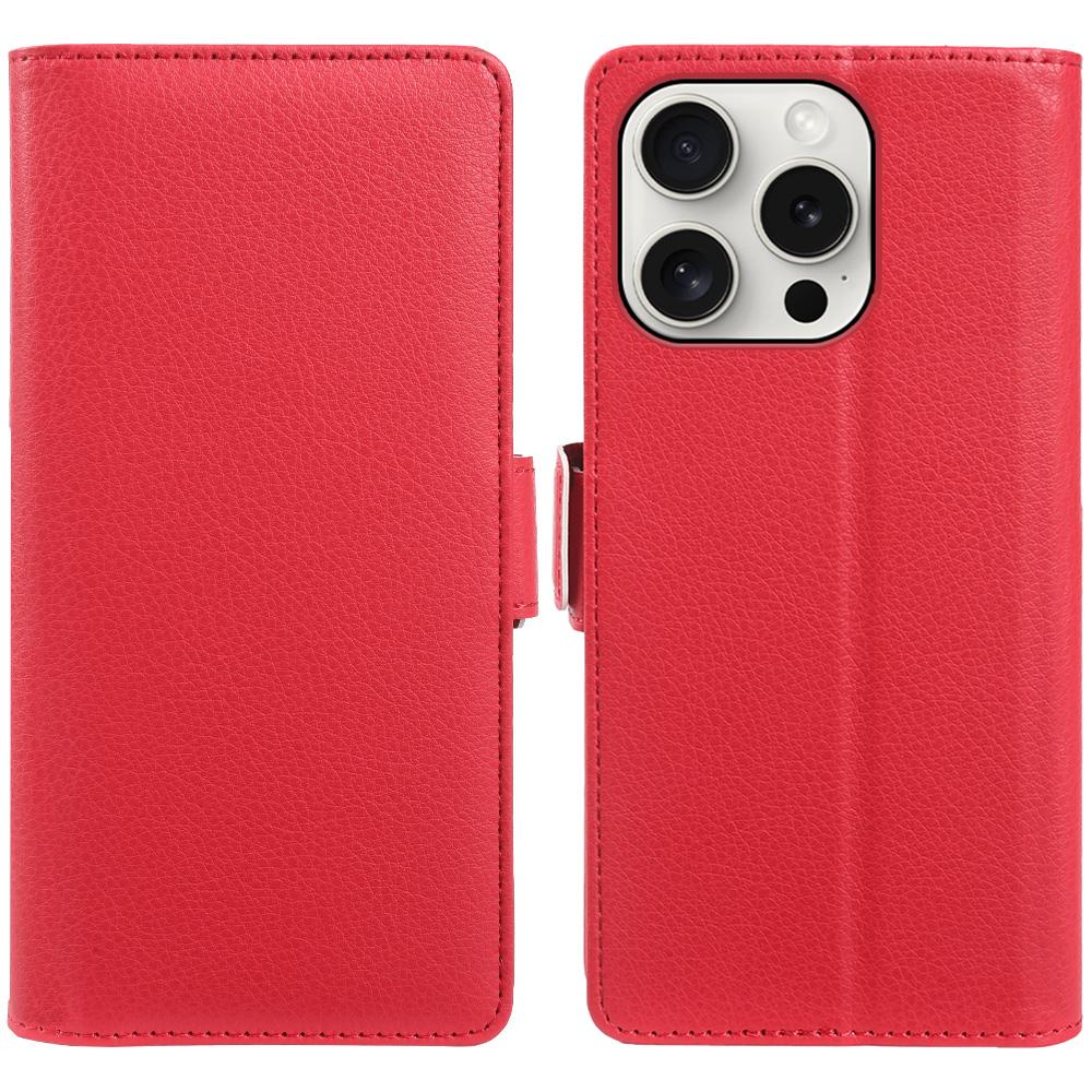 For iPhone 15 Pro Wallet Case with Dual Magnetic Clasp Litchi Textured Leather Flip Stand Phone Cover