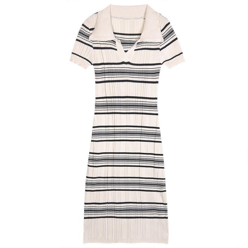Striped polo neck knitted dress women's summer new design sense niche Korean gentle temperament skirt
