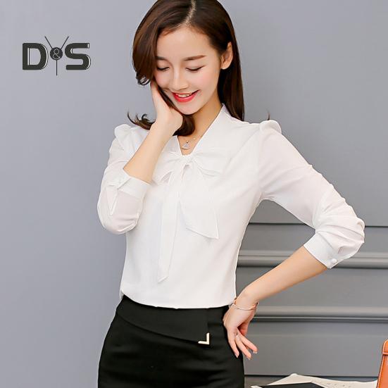 Spring Summer Women Bowknot Lace Up Collar Shirt Tops Long Sleeve Solid Color Casual Chiffon Blouse Workwear