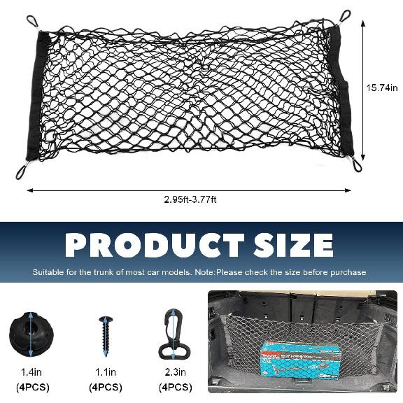 Stretchable Cargo Net, Adjustable Elastic Storage Mesh Nets, Envelope Style Cargo Netting with Mounting Screws and Hooks, Trunk Rear Cargo Organizer