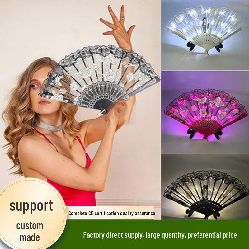 Rose Lace Edge LED Folding Fan - Wedding Gift & Dance Prop