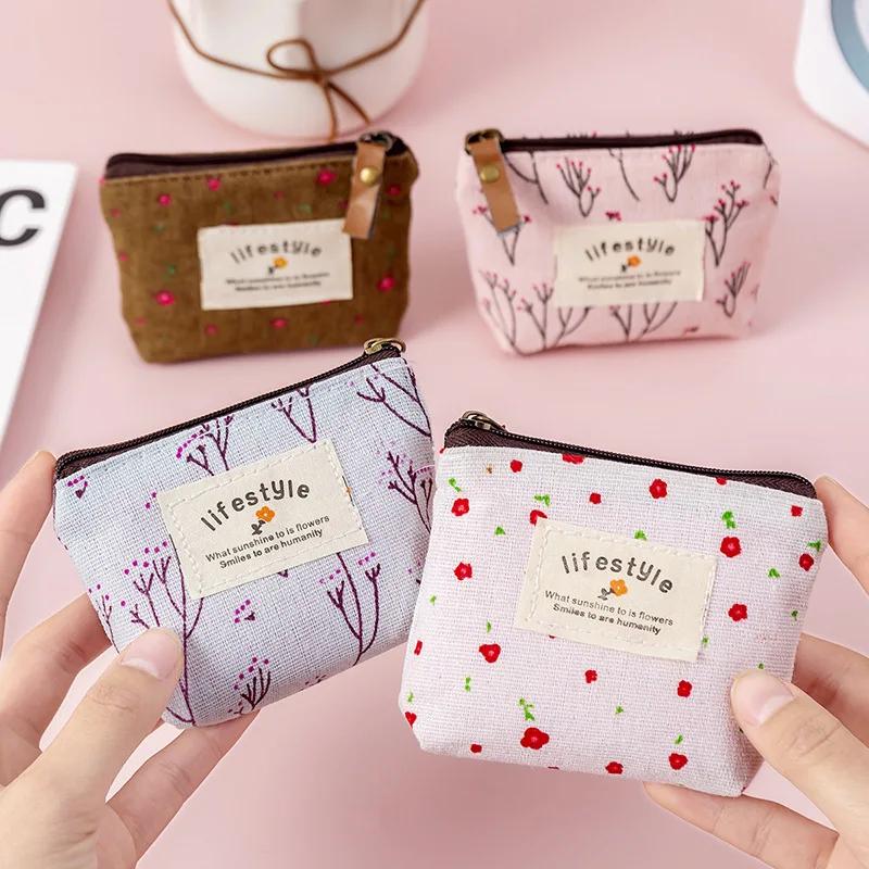 Fashion Flower Pattern Coin Purses Small Fresh Canvas Coin Wallet Lady Girls Earphone Coin Key Money Storage Bag Zipper Pouch