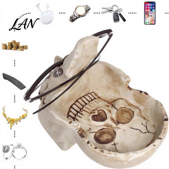 Totenkopf Aufbewahrungsschale Harz Multifunktionales Tablett, Gotischer Brillenhalter Schmuckorganizer für Lebensechte Knochentextur Dekor Schlüssel Münzen Schmuckstücke, Schreibtisch