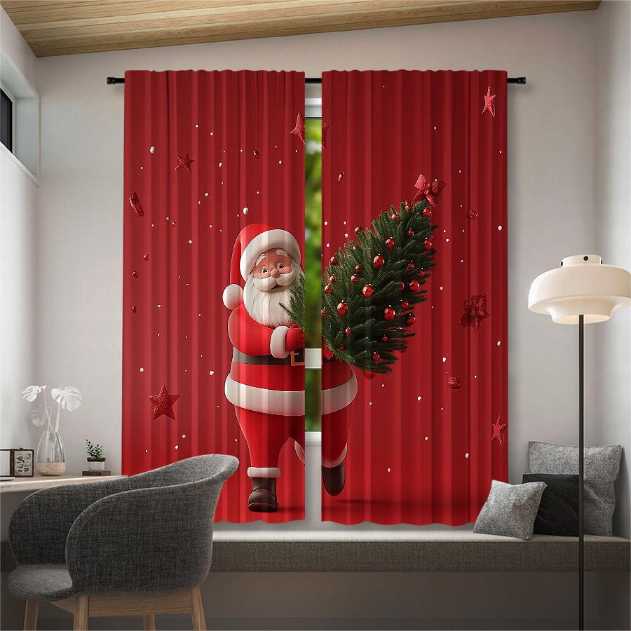 2pcs- Christmas Santa Claus Christmas Tree Pattern Printed Curtains   Christmas Decorations   Home Decorations   Room Decorations
