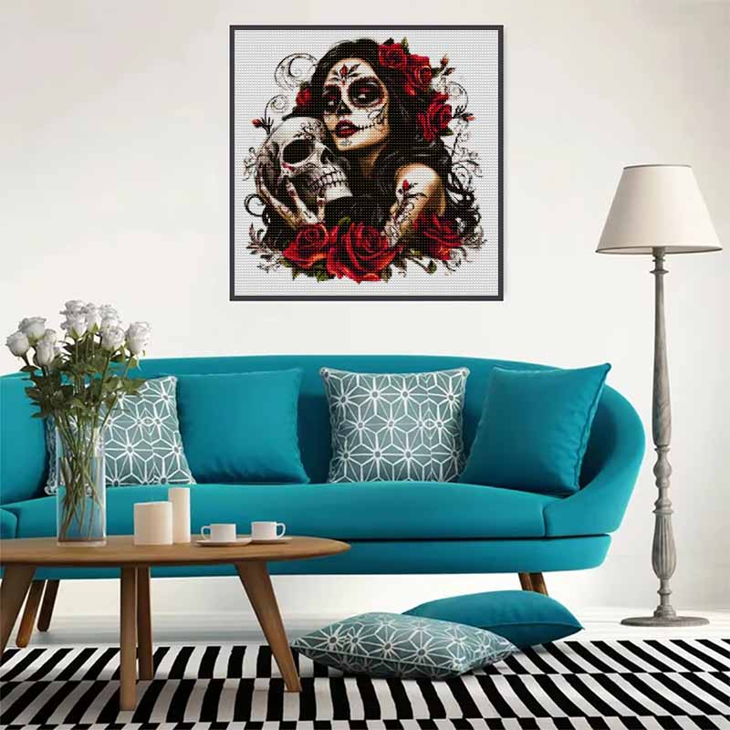 DIY Diamond Painting Canvas Day of The Dead Sugar Skull Rose Woman Pattern 5D Rhinestone Art Kit for Home Wall Decor Supplies
