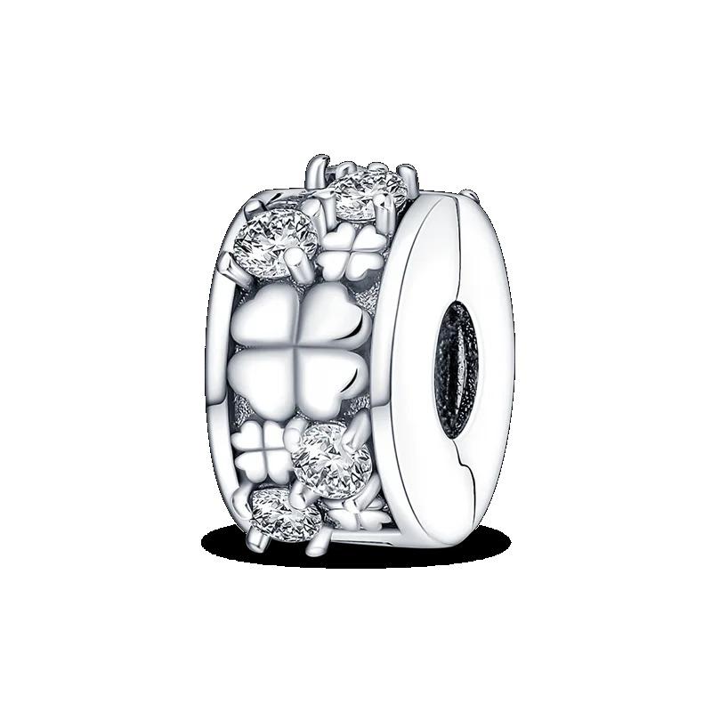 Silver Clasp 925 Silver CZ Pave Clip Charms Daisy Beads Stopper Safety Chain Fit Original Bangle Bracelet Jewelry Clip