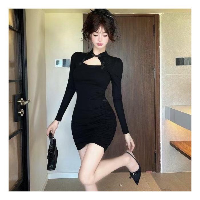 Spring Elegant Long Sleeve Button-Up Cheongsam-Inspired Dress - Pleated, Waist-Cinched, Hip-Hugging Short Skirt for Women