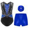 Girls 3 Piece Dance Set Sleeveless Metallic Leotard Criss Cross Back Rhinestones Color Block Design with Shorts Hairband