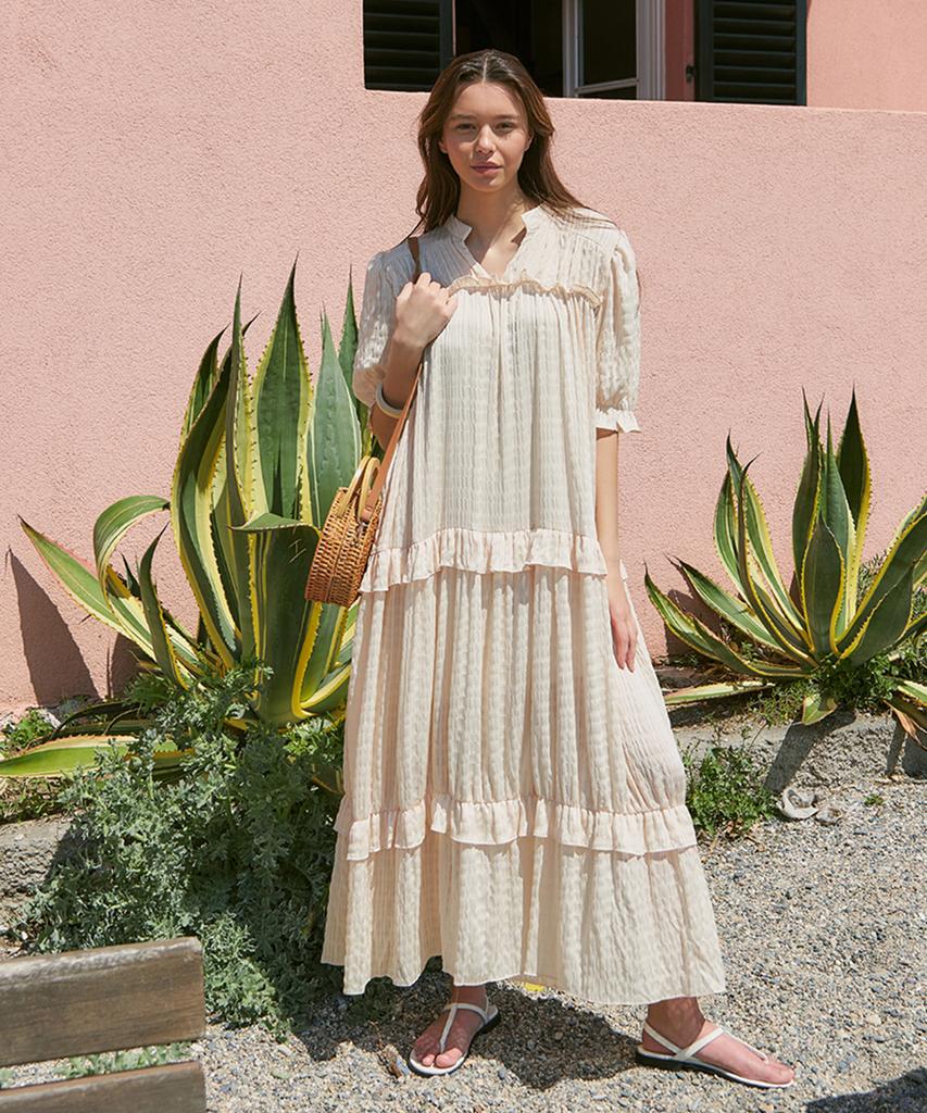 ADAUL Tiered Chiffon Frill Dress - Beige