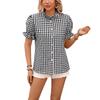 Women Casual Button Down Shirt Short Sleeve Round Neck Plaid Checkered Blouse Lightweight Summer Top