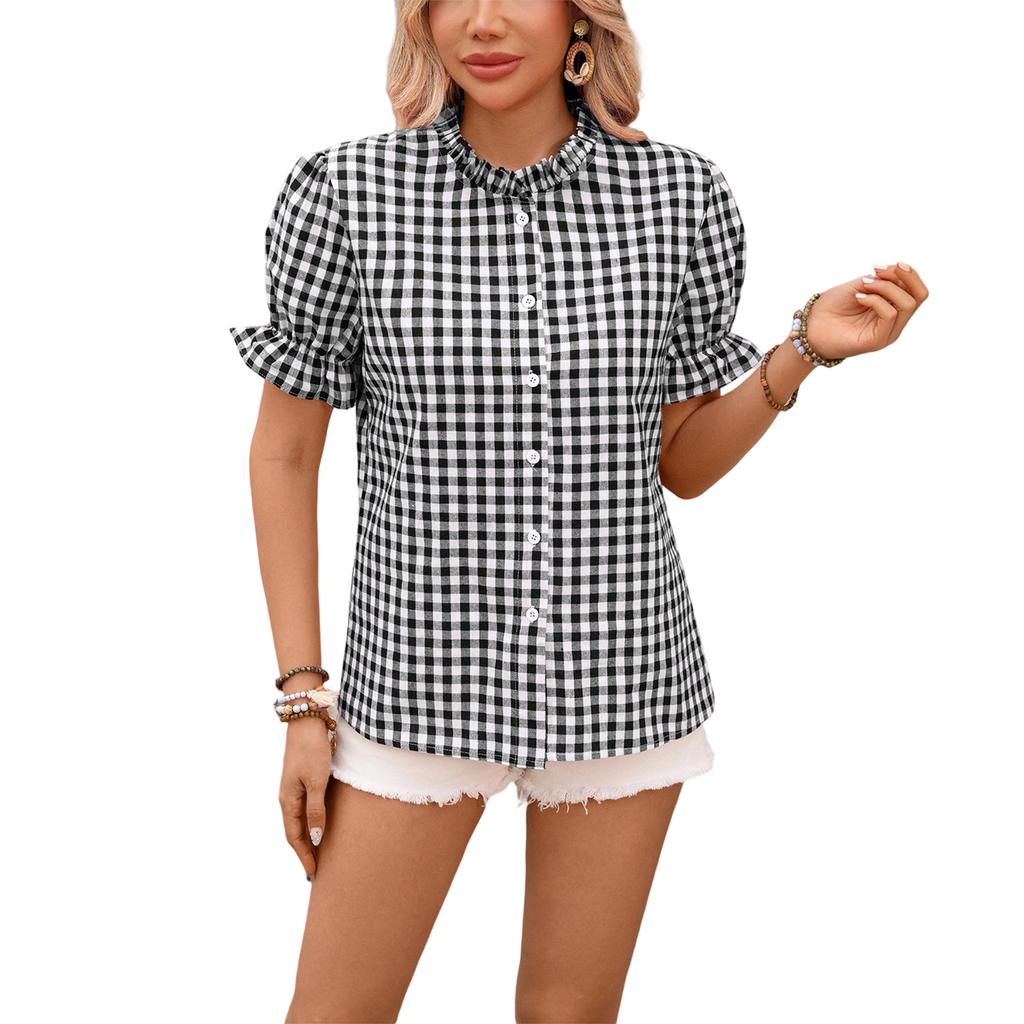 Women Casual Button Down Shirt Short Sleeve Round Neck Plaid Checkered Blouse Lightweight Summer Top