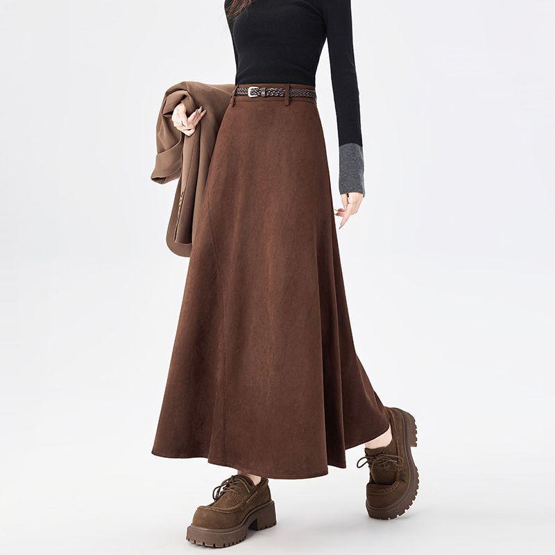 

Korean Style Black Suede High-Waisted A-Line Skirt for Women - Autumn/Winter Collection S 80-95 lbs