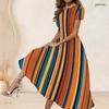 Women Plus Size White Printed Round Neck Short Sleeve Gathered Waist A Line Long Dress
