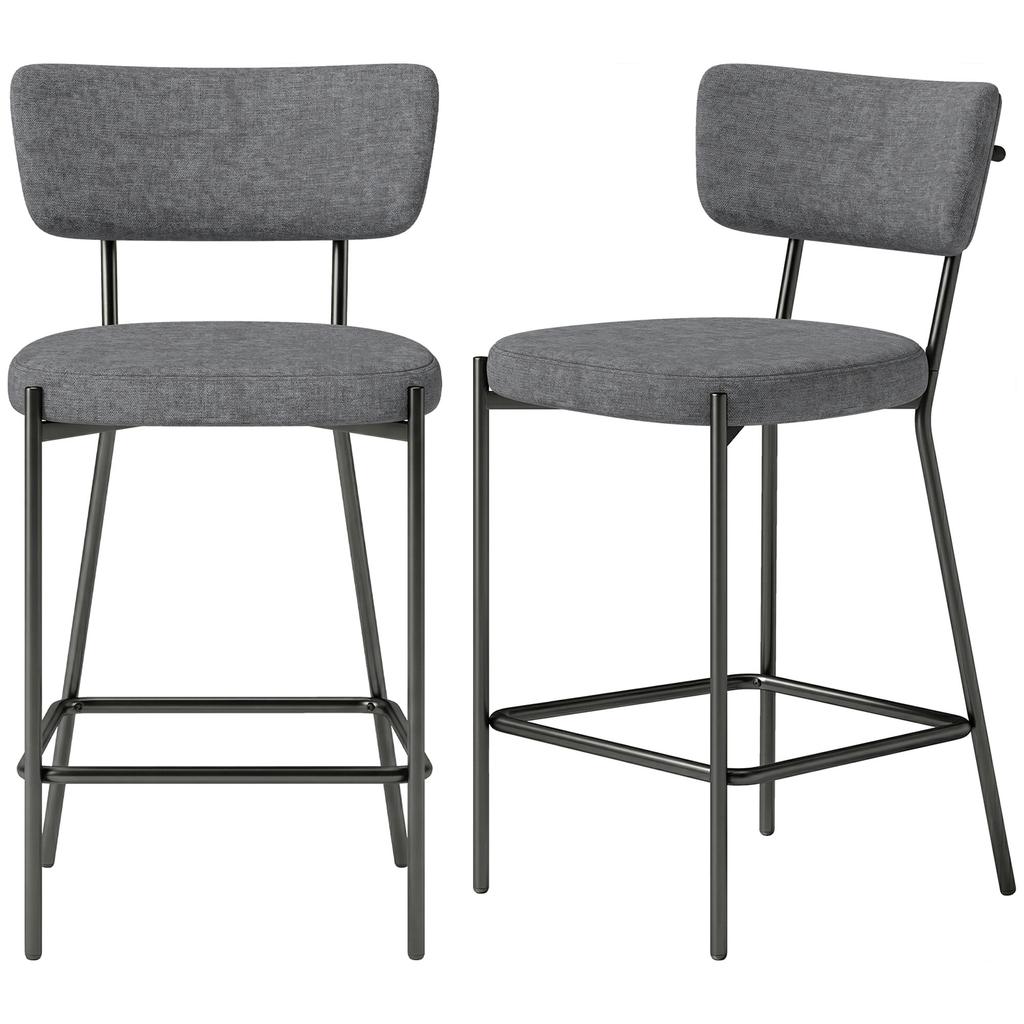 Bar Stools in a Set of 2, Upholstered Bar Chairs with Curved Backrest, for Kitchen Island, Breakfast Area, Grey