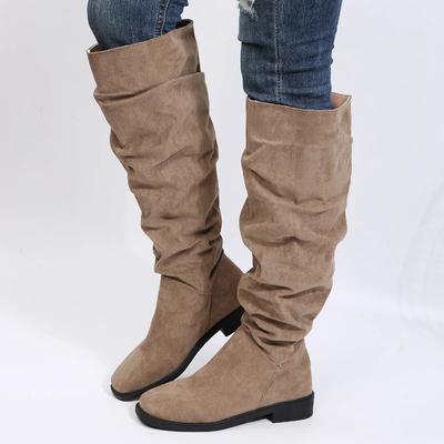 2024 Winter Women Fashion Pleated Boots Women Faux Suede Flock Knee High Boots Slip On Square Low Heel Knight Booties Mujer