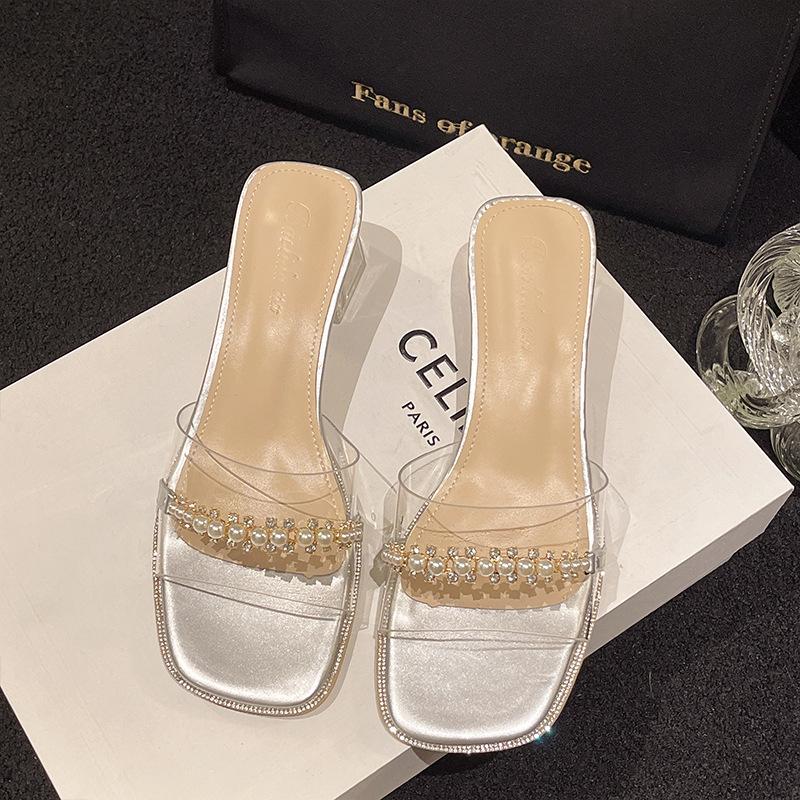Transparent Slippers Women's Rhinestone Pearl Outer Wear One-word Drag Summer New Versatile Crystal Thick Heel High Heel Sandals