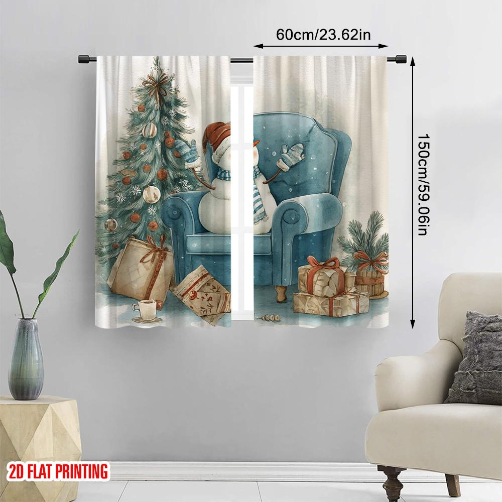 2pcs,2D Plane Printing Curtain Popular Snowman & Snowflake Polyester Woven (without Rod) Decorations Outdoor for Various Rooms,