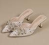 Fashion Delicate Crystal High Heels Shoes Ladies Fox Buckle Slippers Thin Heel Pumps Women Pointed Toe Mules Slides Brides Party Tacones
