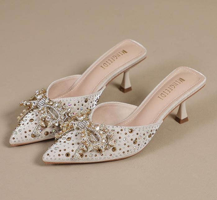 Fashion Delicate Crystal High Heels Shoes Ladies Fox Buckle Slippers Thin Heel Pumps Women Pointed Toe Mules Slides Brides Party Tacones