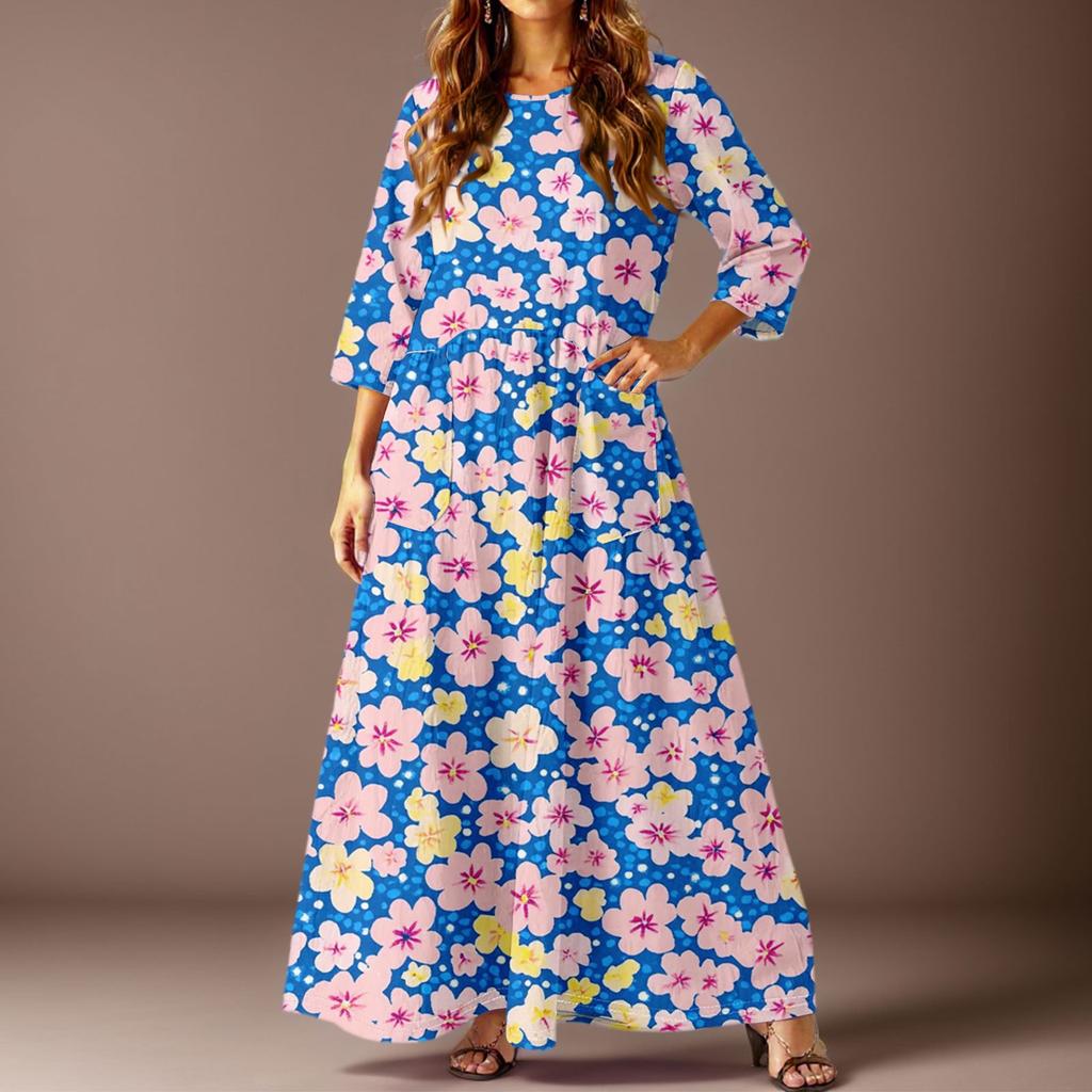 Damen Freizeitmode Blumenmuster Dreiviertelarm Langes Kleid mit Taschen