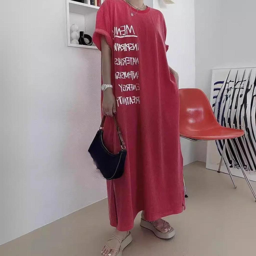 Plus Size Damen T-Shirt Kleid im koreanischen Stil mit kurzen Ärmeln, Sommerkleid mit lockerem Buchstabendruck, lange Kleider