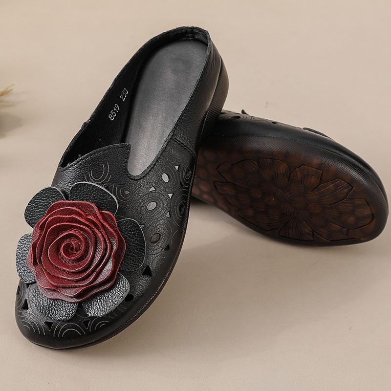 Fashion 2025 Big flower cow leather sandals womens summer cut out mules low heels woman retro luxury slipper sandals lady slip on shoes