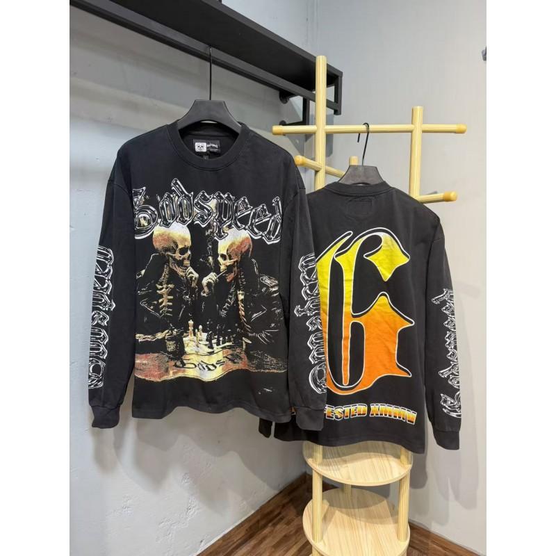 Unisex Vintage Skull Print Washed Cotton Long Sleeve Hoodie Streetwear Loose Fit