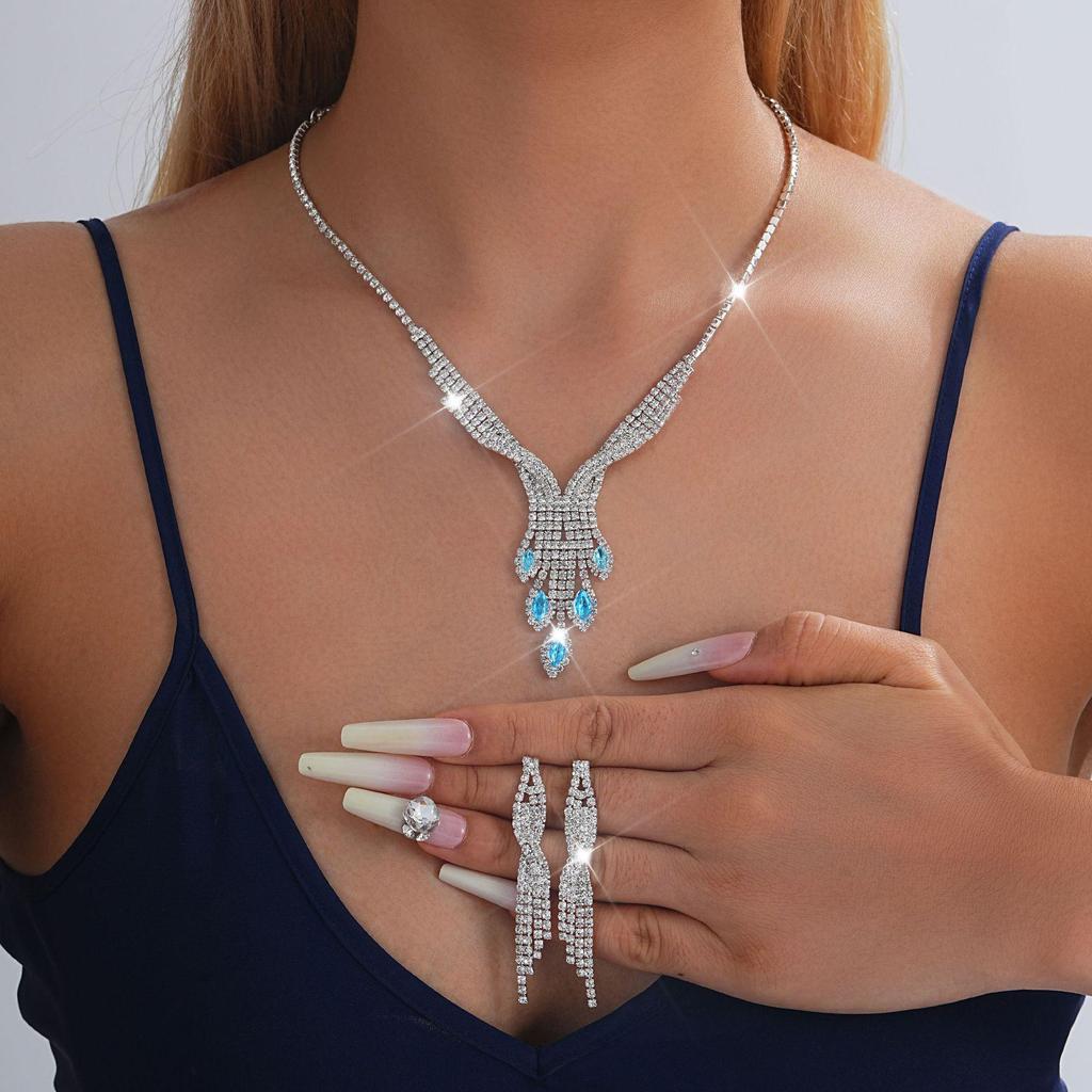 European-American Rhinestone Teardrop Necklace & Earring Set: Korean-Style Bridal Temperament Collarbone Chain Jewelry for Women