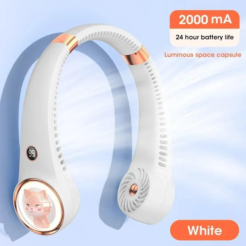 

2000mAh USB Rechargeable Cute Cat Digital Display Bladeless Neck Fan for Travel Office Outdoor белый