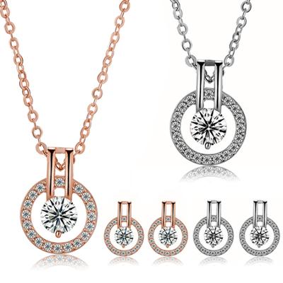 Damen-Schmuckset mit rundem Zirkon-Anhänger, Halskette, Ohrringen und Hochzeit
