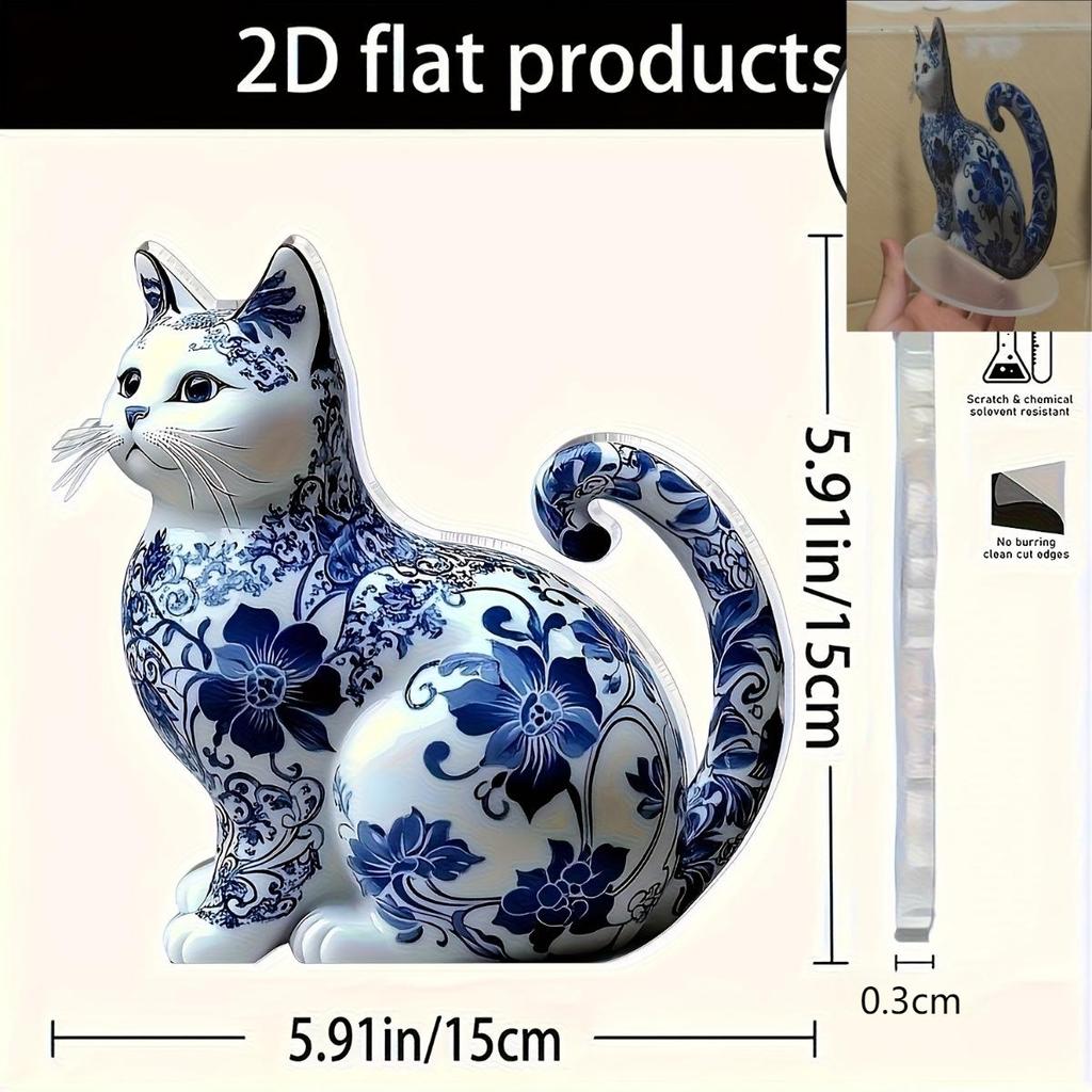 Elegante Blau-Weiße Porzellan Katze Acryl Schreibtischdeko, 2D Flaches Kunstdesign, Boho Stil für Home Office Bar Cafe, Perfektes Geschenk für Katzenliebhaber, Valentinstag