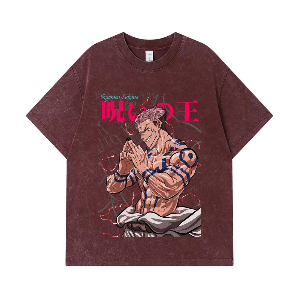 275 GSM Washed T-shirts 100% Cotton Jujutsu Kaisen V46 Sukuna Print Unisex Heavy Cotton T Shirt
