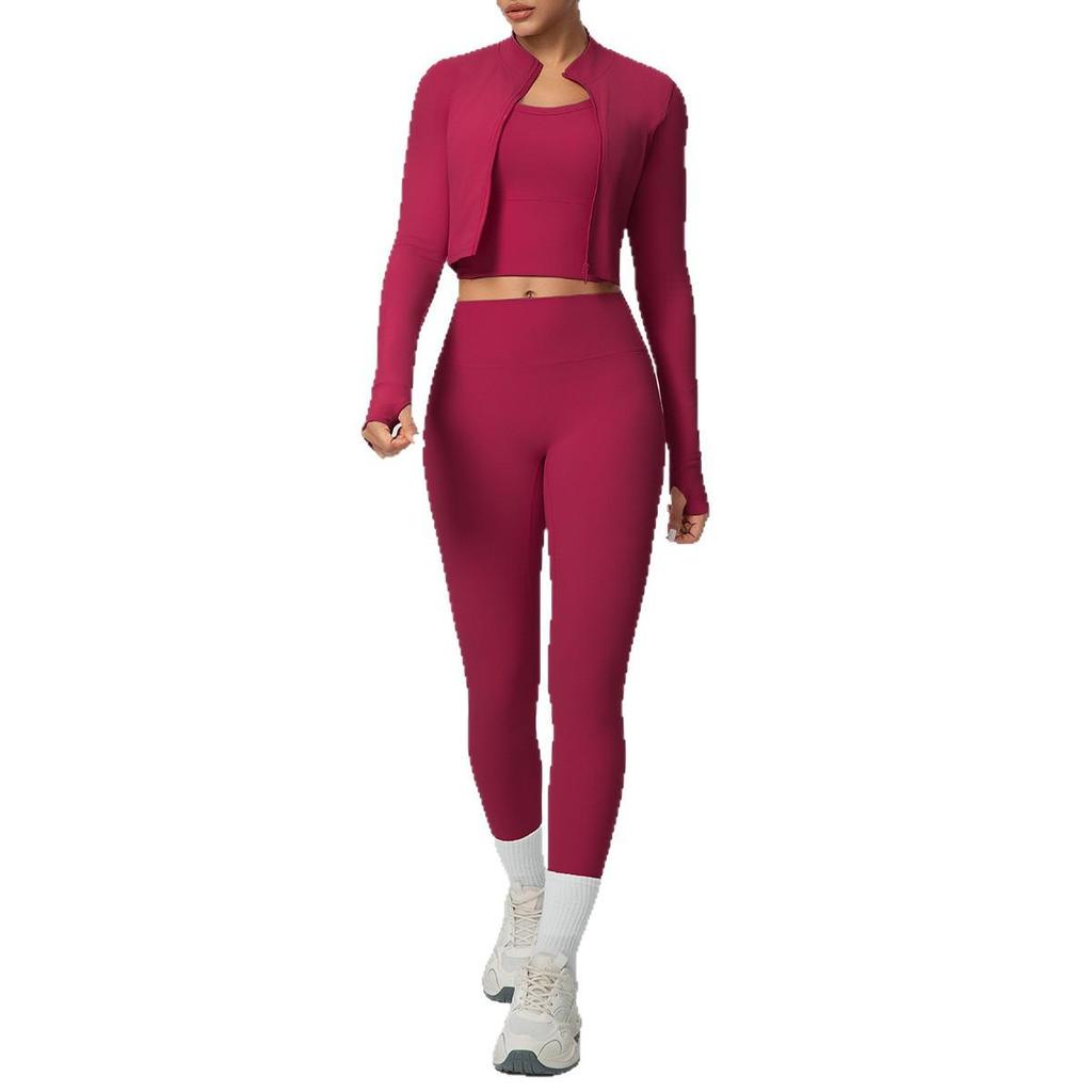 Three-Piece Yoga Set: Cross-Back Sports Tank, Zipper Jacket, High-Waisted Butt Lifting Leggings