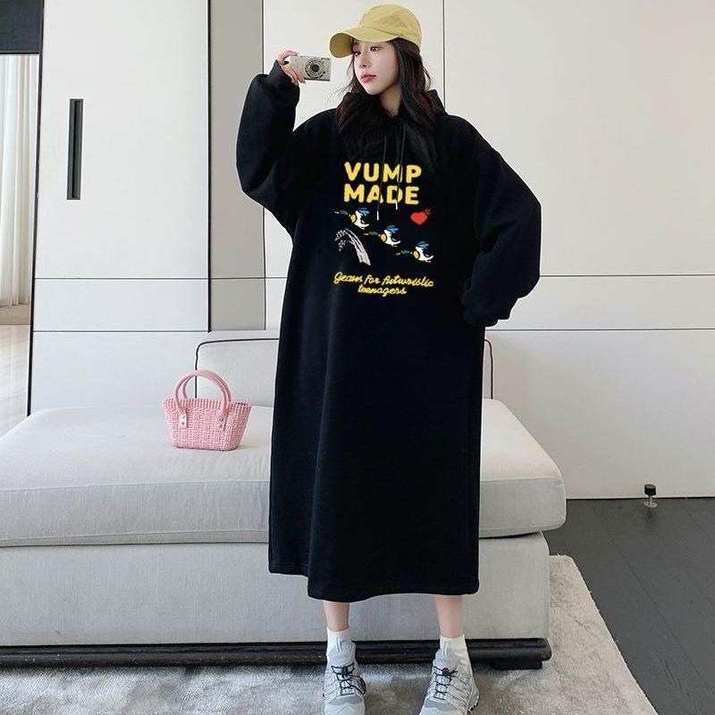 Dress Women's Patchwork Skirt with Wide Hem, New Style for Big Size, Slimming T-shirt Skirt, Long-sleeved Hoodie Skirt