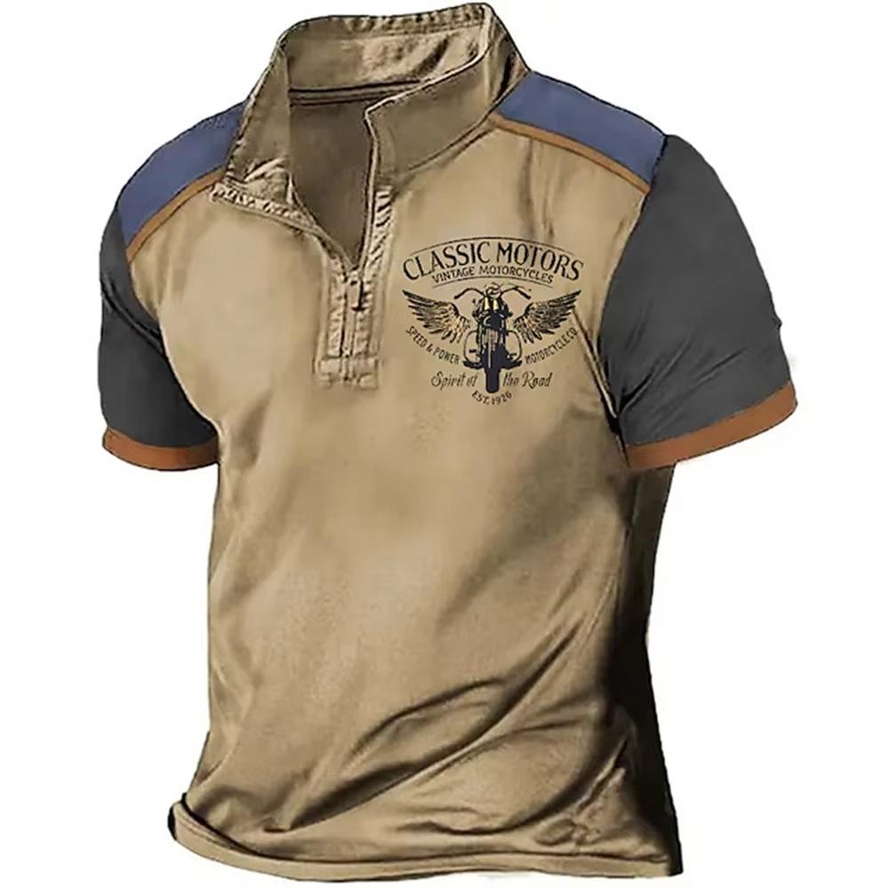 Retro Men's 3D Print Short Sleeve Polo with Zipper Lapel