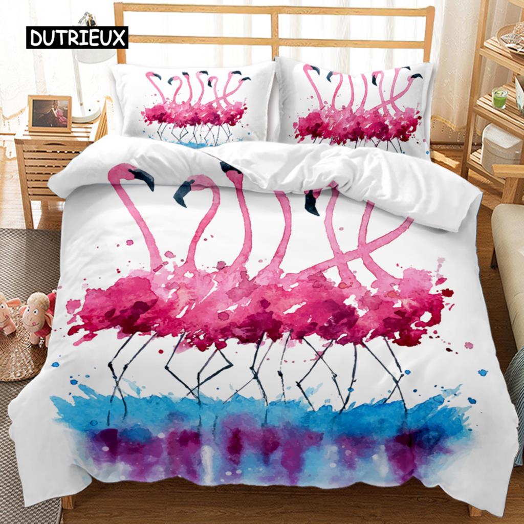 Flamingo Duvet Cover Couple Flamingo Palm Leaf Twin Bedding Set Tropical Botanical Leaves Summer King Size Polyester Quilt Cover