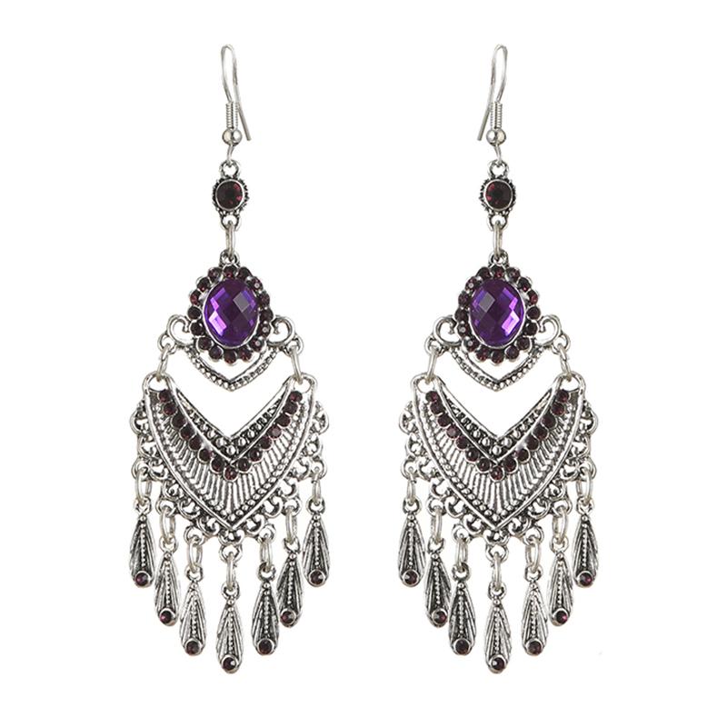 Bohemian Ethnic Colorful Rhinestone Acrylic Drop Earrings for Women Vintage Long Antique Silver Color Tassel Earrings Jewelry