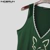 INCERUN Summer Men Deep V Neck Sleeveless Lace Hem Print Casual Tank Tops