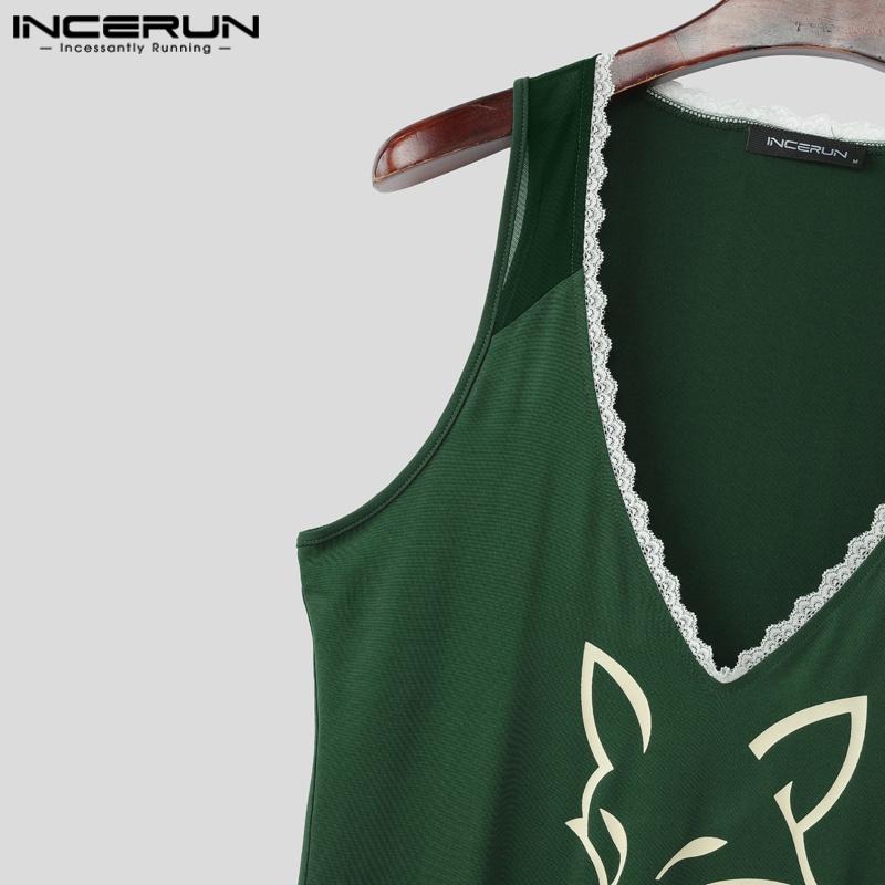 INCERUN Summer Men Deep V Neck Sleeveless Lace Hem Print Casual Tank Tops
