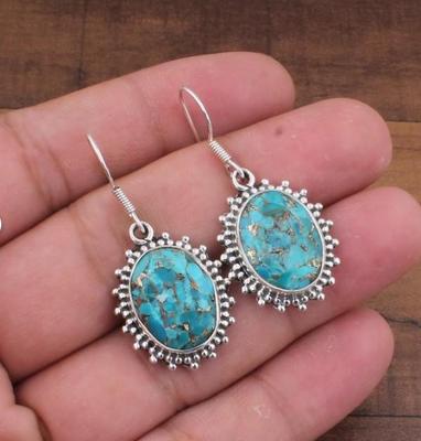 Boucle d'oreille en Pierre Précieuse Turquoise Cuivre Bleue, Boucle d'oreille en Argent Sterling Massif 925, Boucle d'oreille Pendantes Design Faite à la Main, Pierre de Naissance de Décembre
